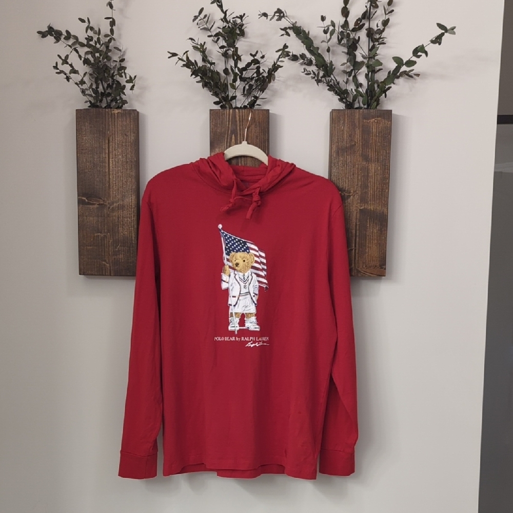 Polo Ralph Lauren Polo Bear USA American Flag Hooded Long Sleeve T-Shirt